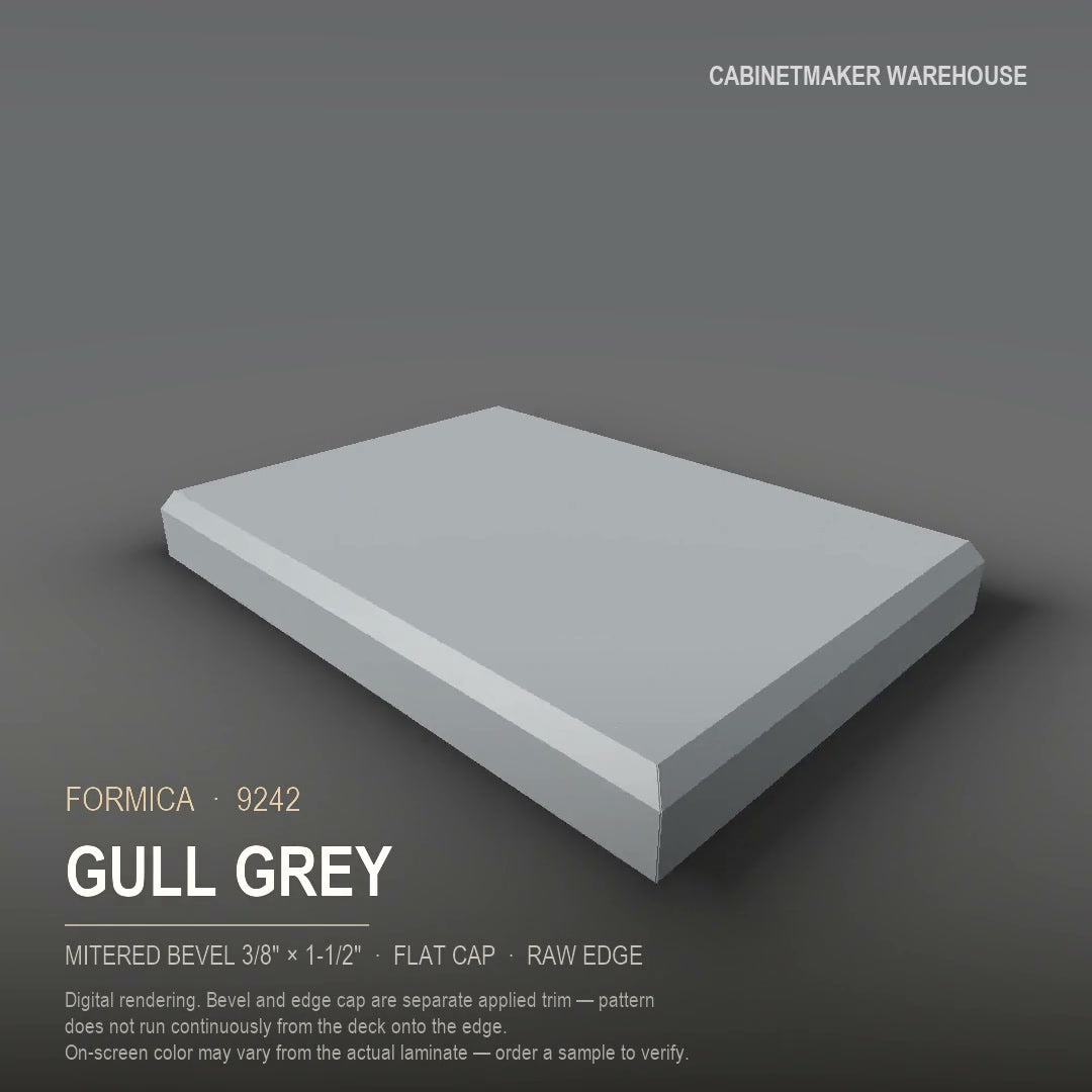 Formica Gull Grey 9242 laminate on a countertop with a mitered bevel edge