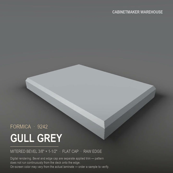 Formica Gull Grey 9242 laminate on a countertop with a mitered bevel edge