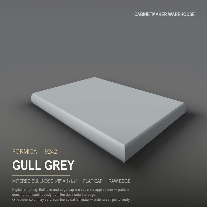 Formica Gull Grey 9242 laminate on a countertop with a mitered bullnose edge