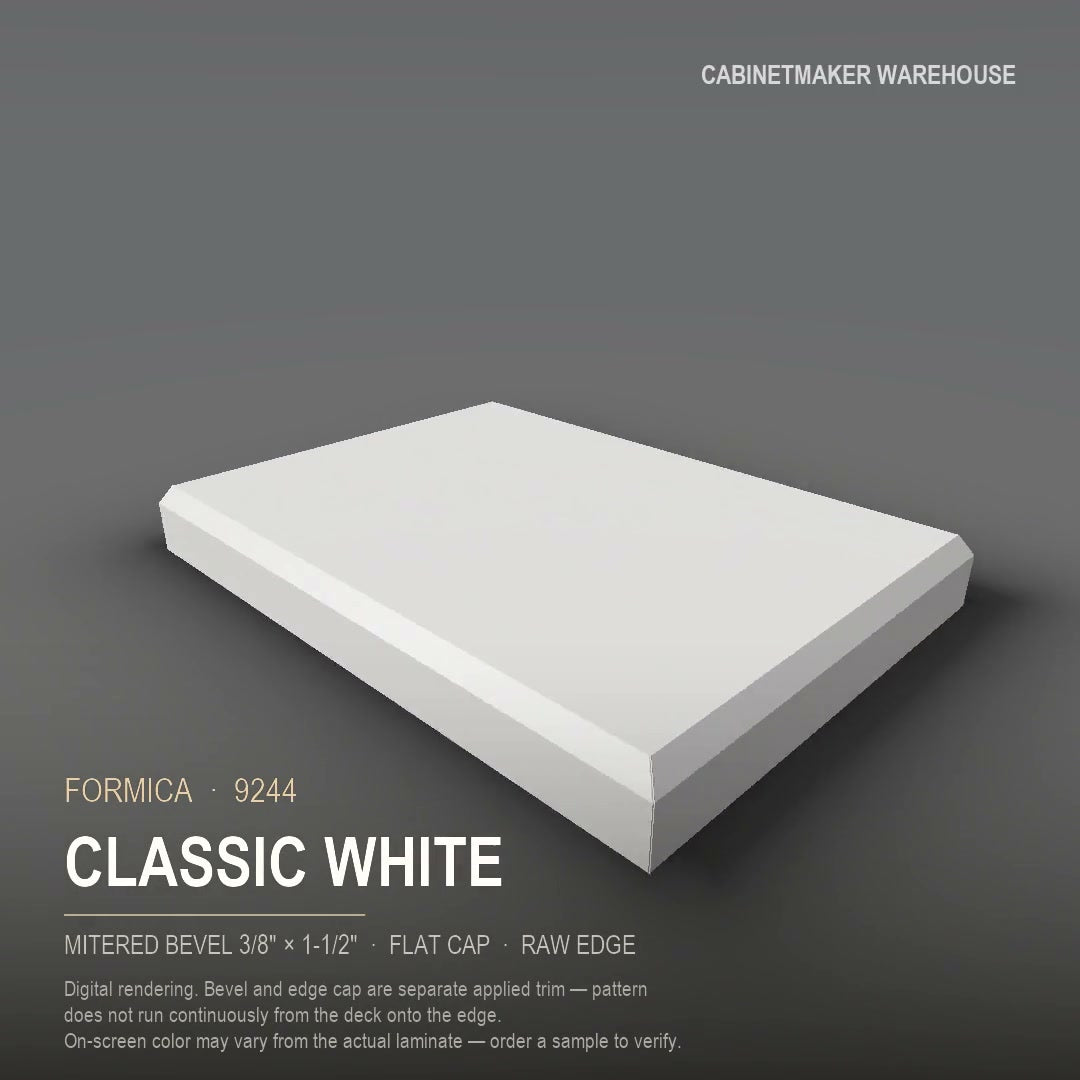 Formica Classic White 9244 laminate on a countertop with a mitered bevel edge