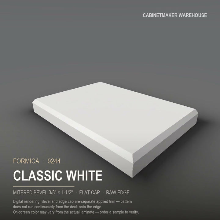 Formica Classic White 9244 laminate on a countertop with a mitered bevel edge