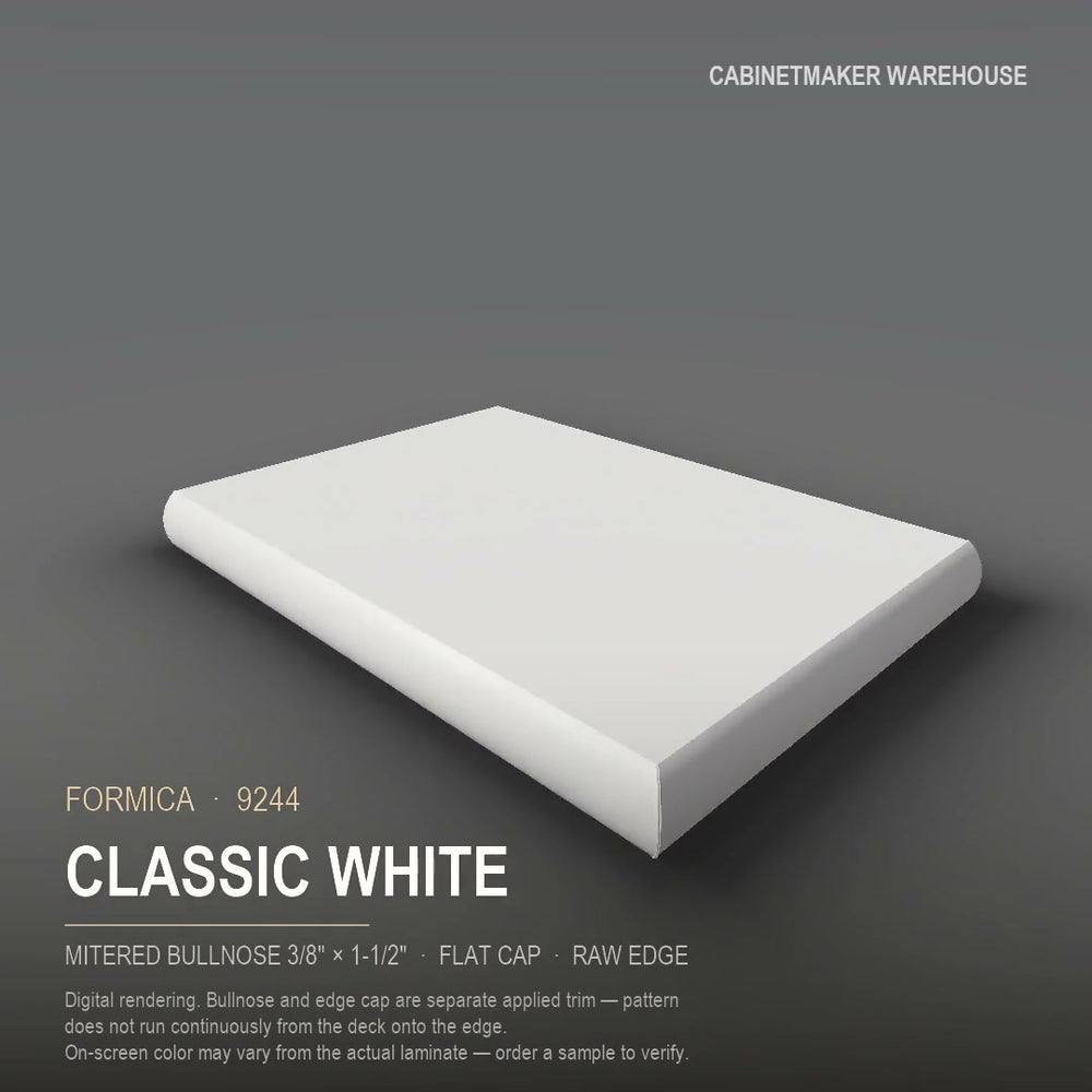 Formica Classic White 9244 laminate on a countertop with a mitered bullnose edge