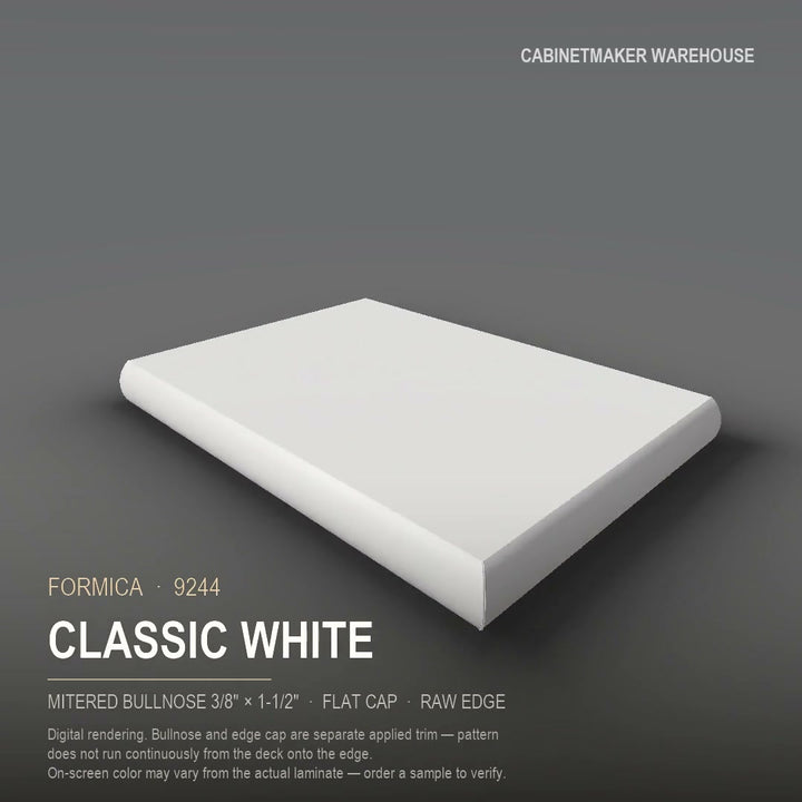 Formica Classic White 9244 laminate on a countertop with a mitered bullnose edge
