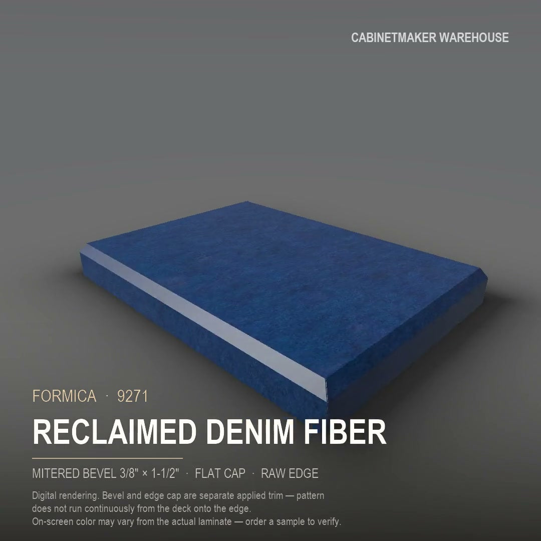 Formica Reclaimed Denim Fiber 9271 laminate on a countertop with a mitered bevel edge