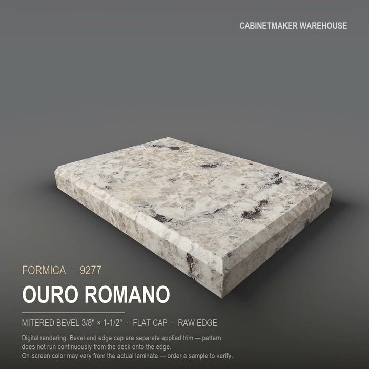 Formica Ouro Romano 9277 laminate on a countertop with a mitered bevel edge