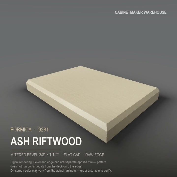 Formica Ash Riftwood 9281 laminate on a countertop with a mitered bevel edge