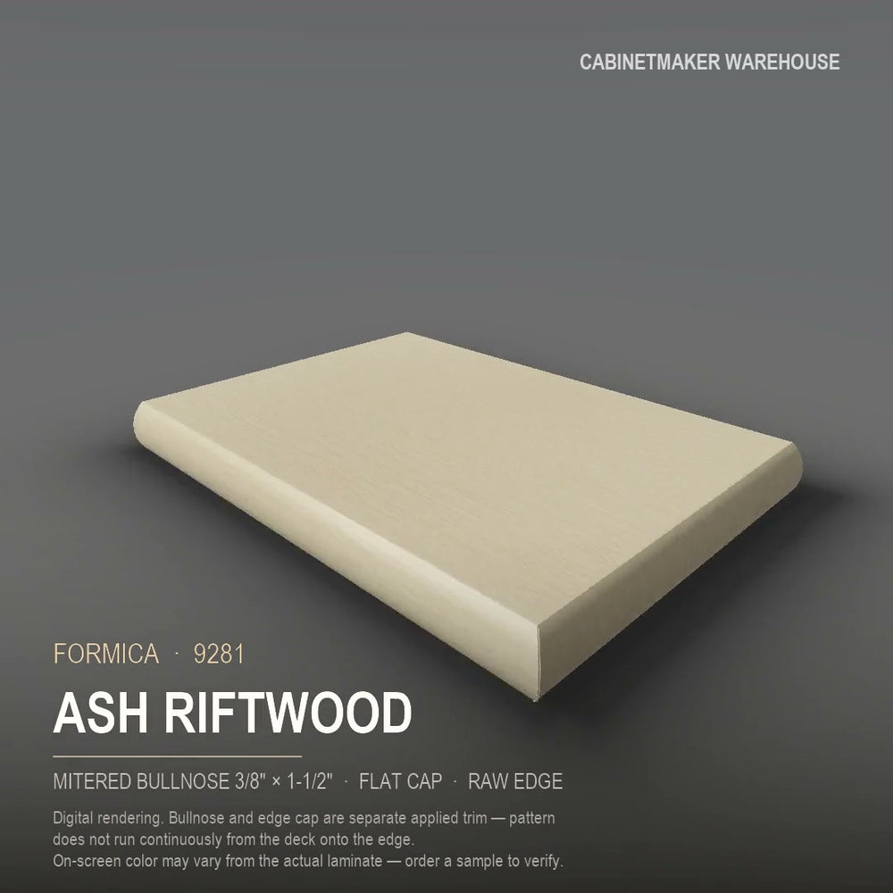 Formica Ash Riftwood 9281 laminate on a countertop with a mitered bullnose edge