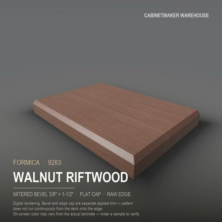 Formica Walnut Riftwood 9283 laminate on a countertop with a mitered bevel edge