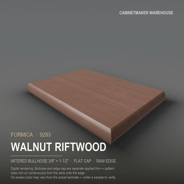 Formica Walnut Riftwood 9283 laminate on a countertop with a mitered bullnose edge