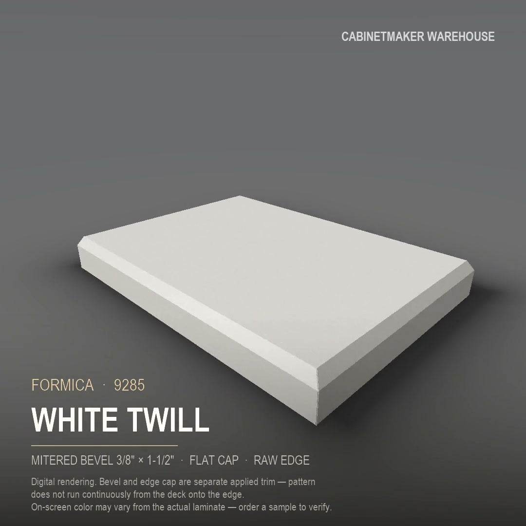 Formica White Twill 9285 laminate on a countertop with a mitered bevel edge