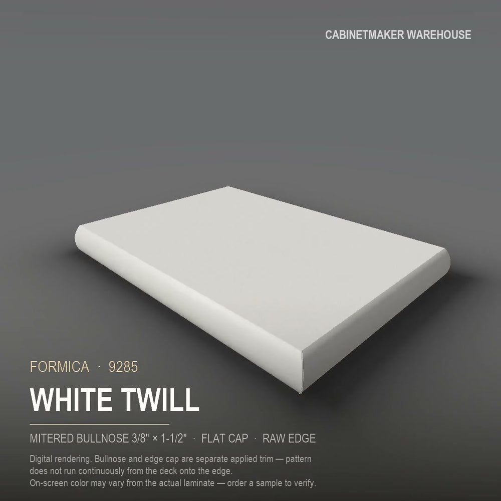 Formica White Twill 9285 laminate on a countertop with a mitered bullnose edge