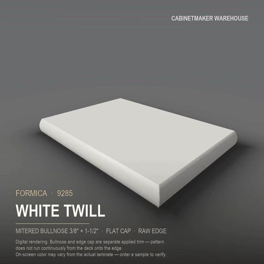 Formica White Twill 9285 laminate on a countertop with a mitered bullnose edge