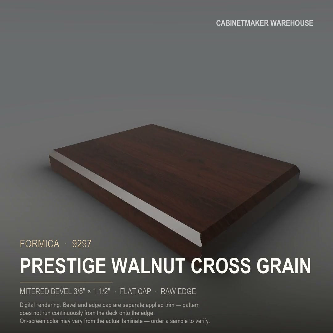 Formica Prestige Walnut Cross Grain 9297 laminate on a countertop with a mitered bevel edge