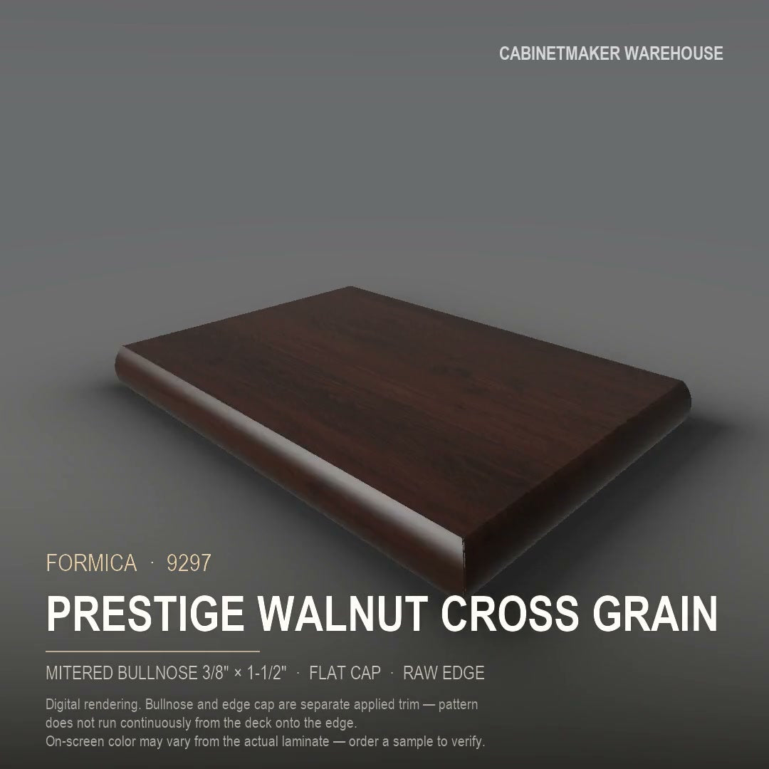 Formica Prestige Walnut Cross Grain 9297 laminate on a countertop with a mitered bullnose edge