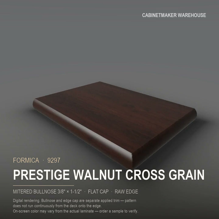 Formica Prestige Walnut Cross Grain 9297 laminate on a countertop with a mitered bullnose edge