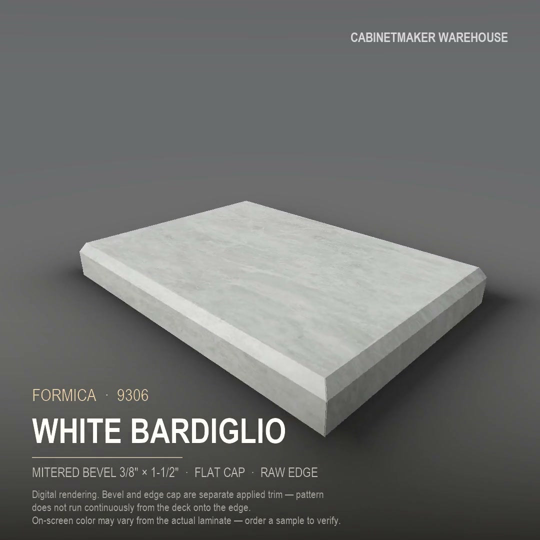 Formica White Bardiglio 9306 laminate on a countertop with a mitered bevel edge