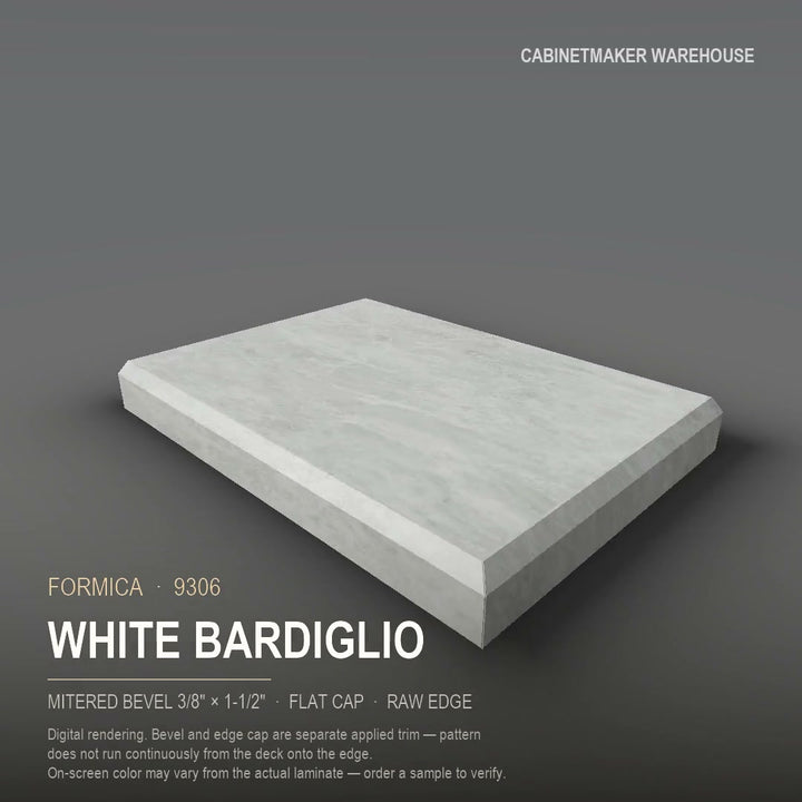 Formica White Bardiglio 9306 laminate on a countertop with a mitered bevel edge