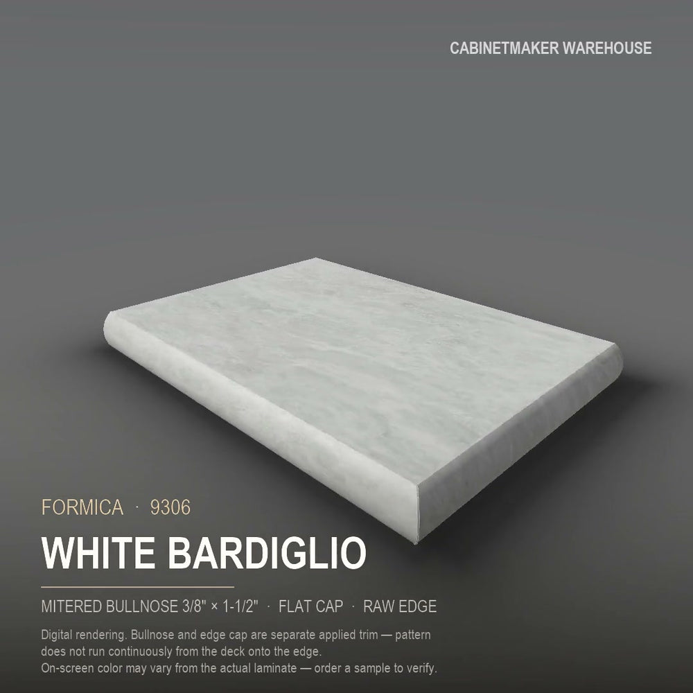 Formica White Bardiglio 9306 laminate on a countertop with a mitered bullnose edge