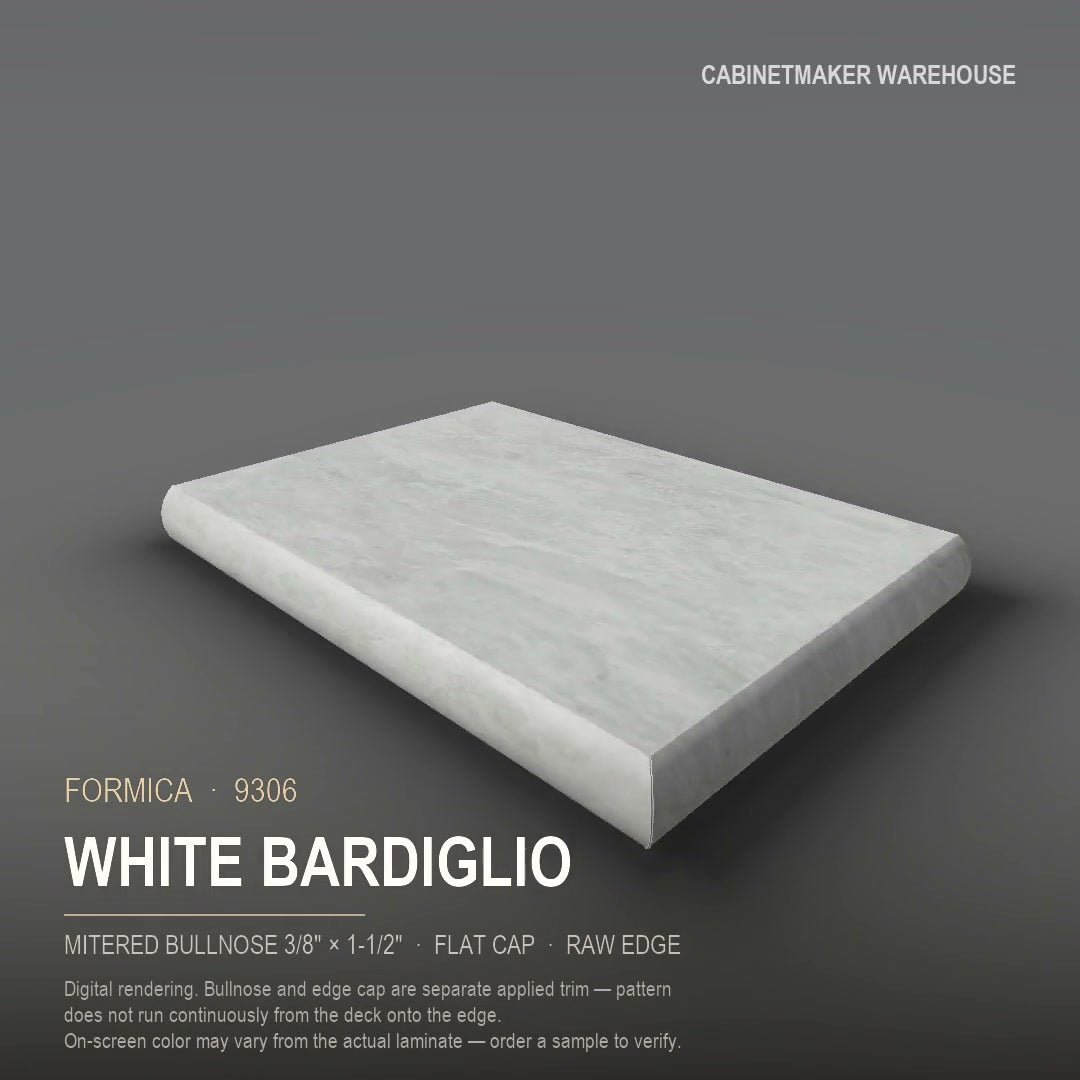 Formica White Bardiglio 9306 laminate on a countertop with a mitered bullnose edge