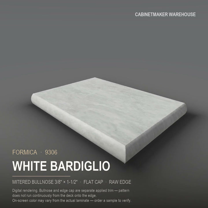 Formica White Bardiglio 9306 laminate on a countertop with a mitered bullnose edge