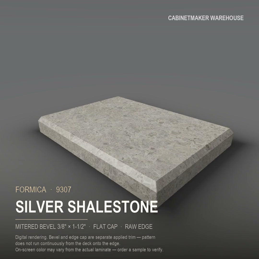 Formica Silver Shalestone 9307 laminate on a countertop with a mitered bevel edge