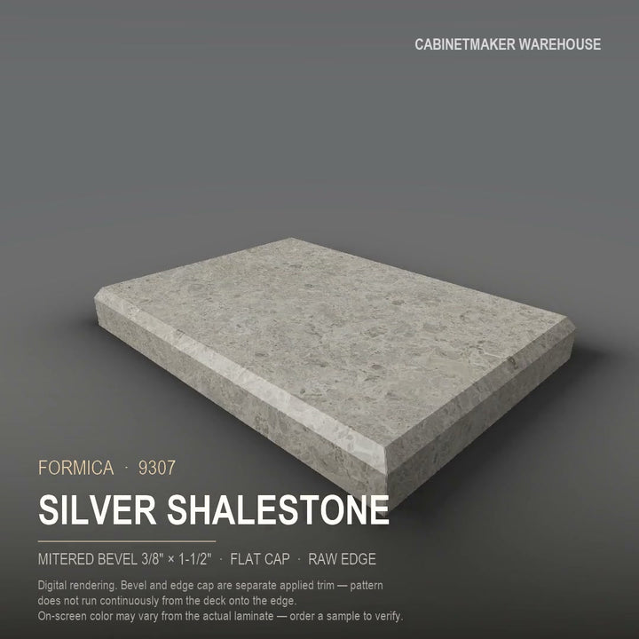 Formica Silver Shalestone 9307 laminate on a countertop with a mitered bevel edge