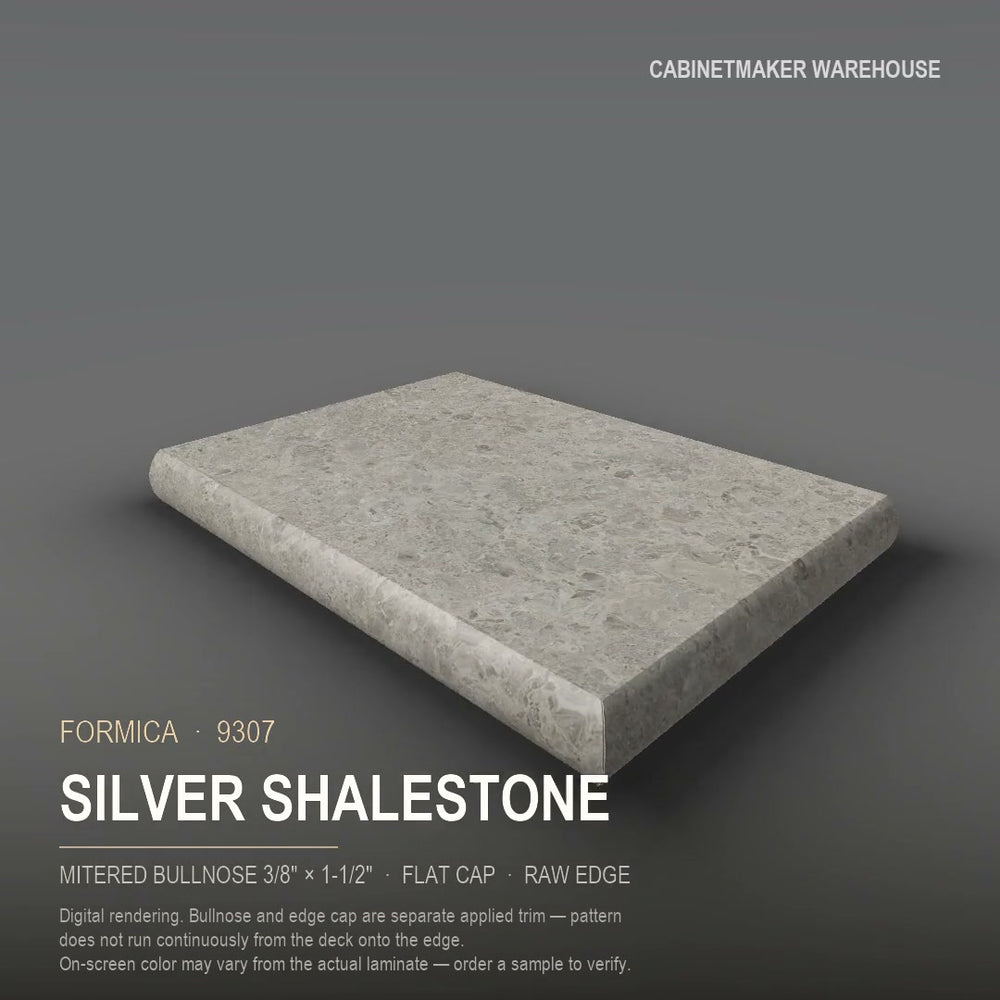 Formica Silver Shalestone 9307 laminate on a countertop with a mitered bullnose edge