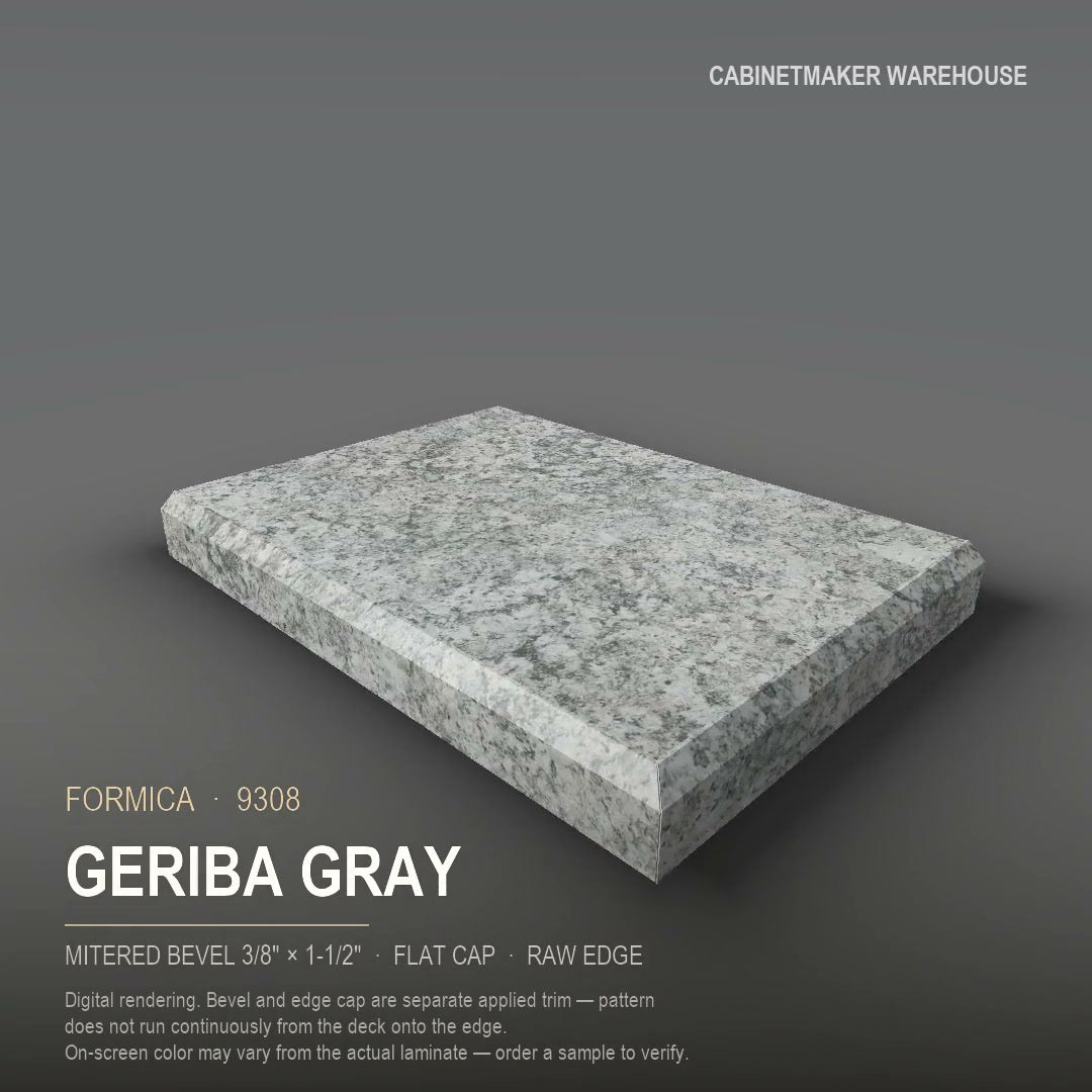 Formica Geriba Gray 9308 laminate on a countertop with a mitered bevel edge