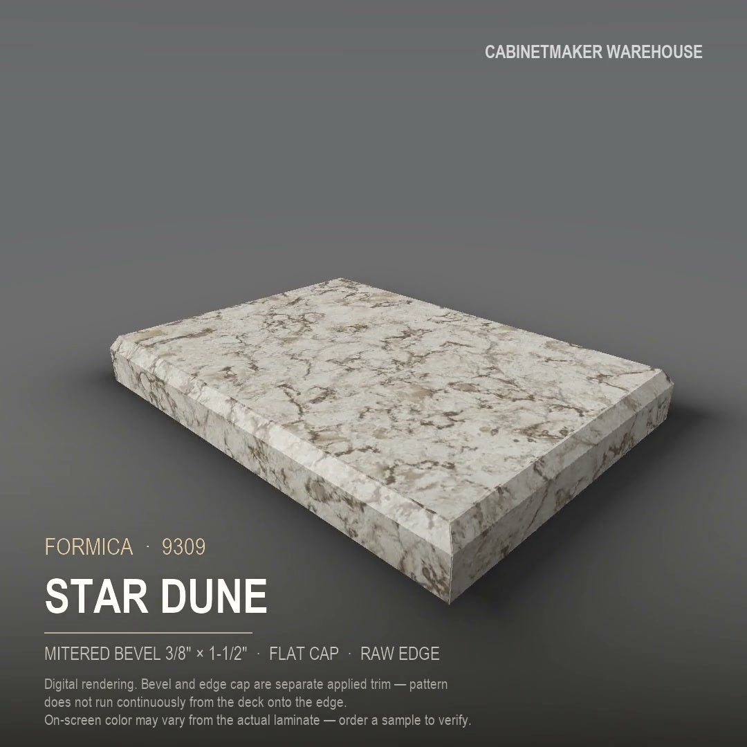 Formica Star Dune 9309 laminate on a countertop with a mitered bevel edge
