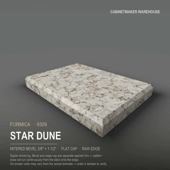 Formica Star Dune 9309 laminate on a countertop with a mitered bevel edge