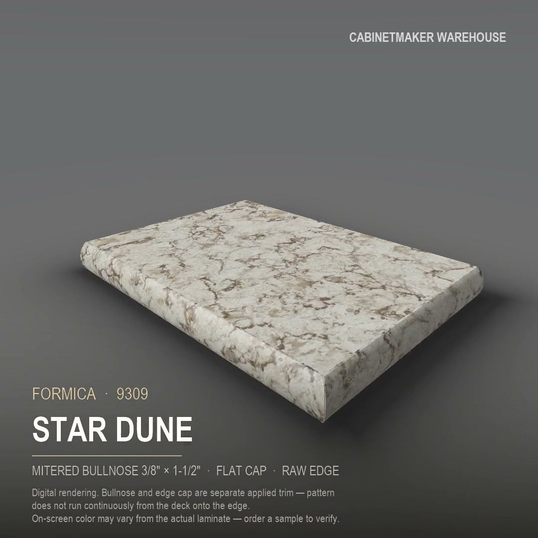 Formica Star Dune 9309 laminate on a countertop with a mitered bullnose edge