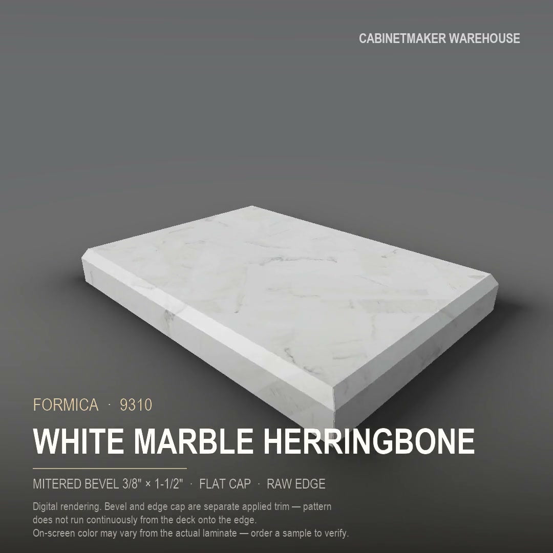 Formica White Marble Herringbone 9310 laminate on a countertop with a mitered bevel edge