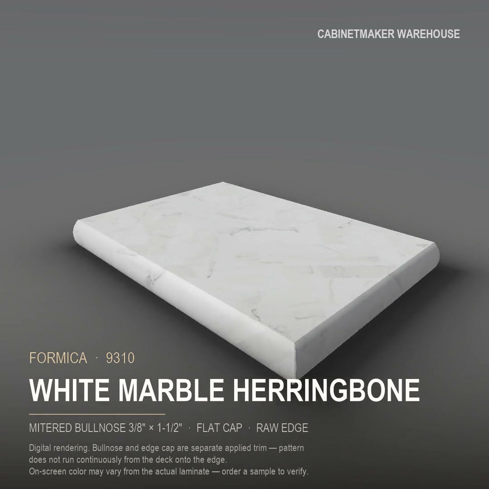Formica White Marble Herringbone 9310 laminate on a countertop with a mitered bullnose edge