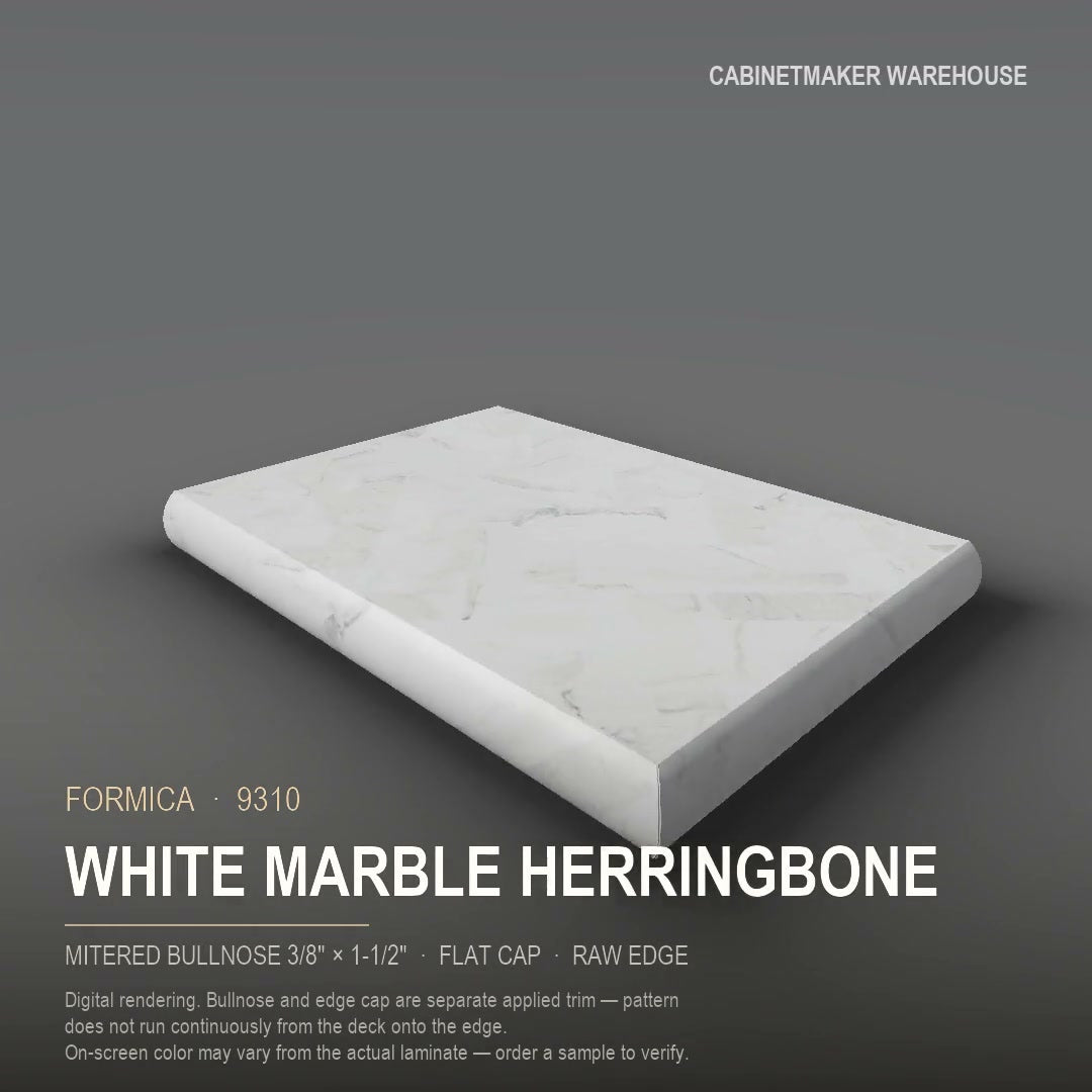 Formica White Marble Herringbone 9310 laminate on a countertop with a mitered bullnose edge