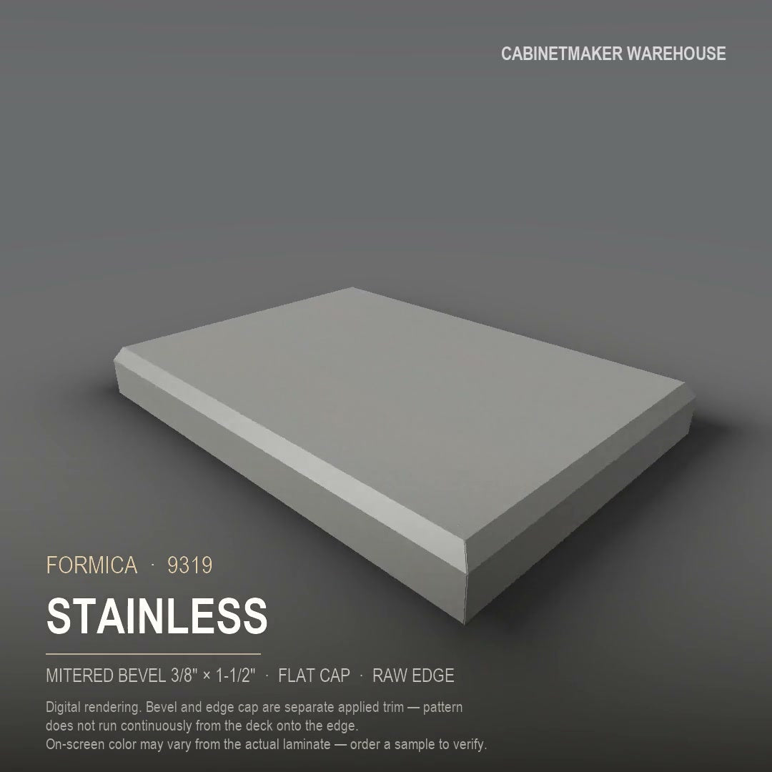 Formica Stainless 9319 laminate on a countertop with a mitered bevel edge