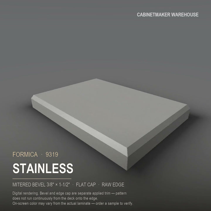 Formica Stainless 9319 laminate on a countertop with a mitered bevel edge