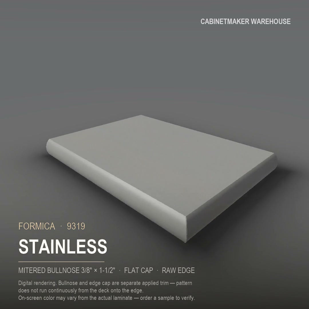 Formica Stainless 9319 laminate on a countertop with a mitered bullnose edge