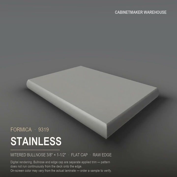 Formica Stainless 9319 laminate on a countertop with a mitered bullnose edge