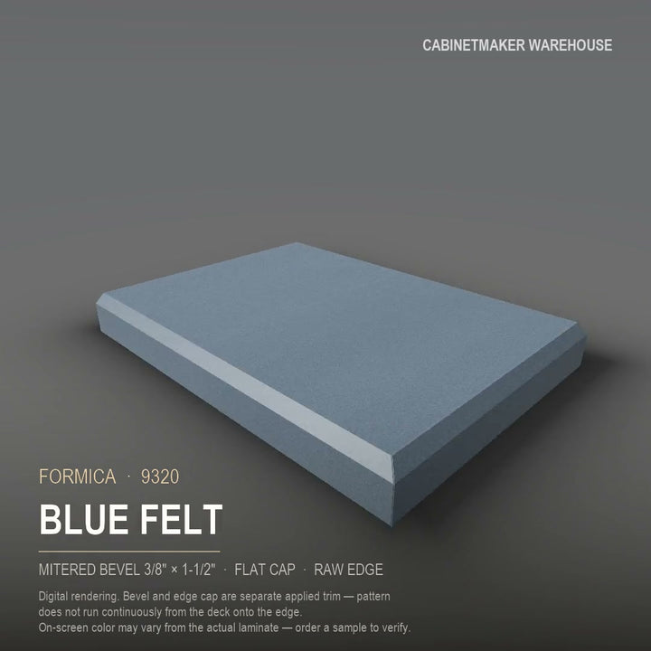 Formica Blue Felt 9320 laminate on a countertop with a mitered bevel edge