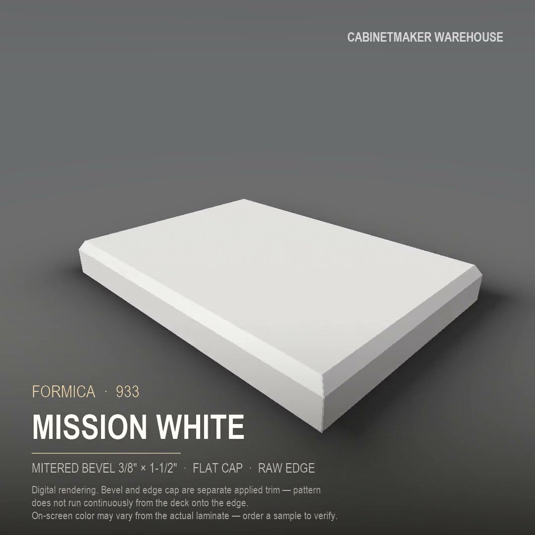 Formica Mission White 933 laminate on a countertop with a mitered bevel edge