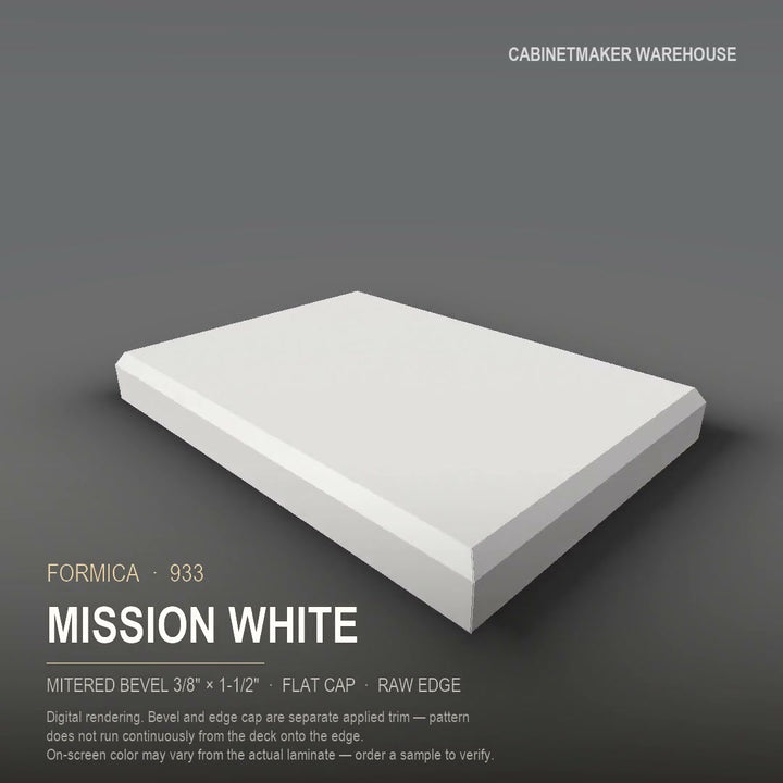 Formica Mission White 933 laminate on a countertop with a mitered bevel edge