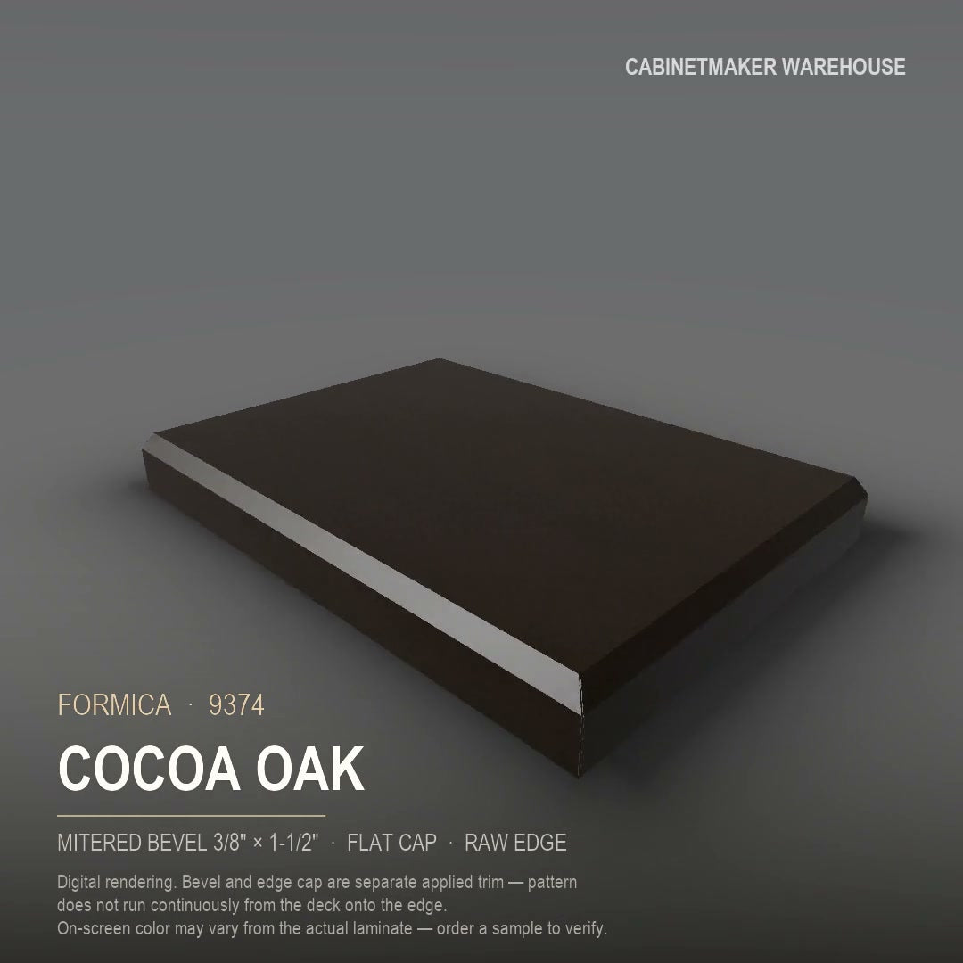 Formica Cocoa Oak 9374 laminate on a countertop with a mitered bevel edge