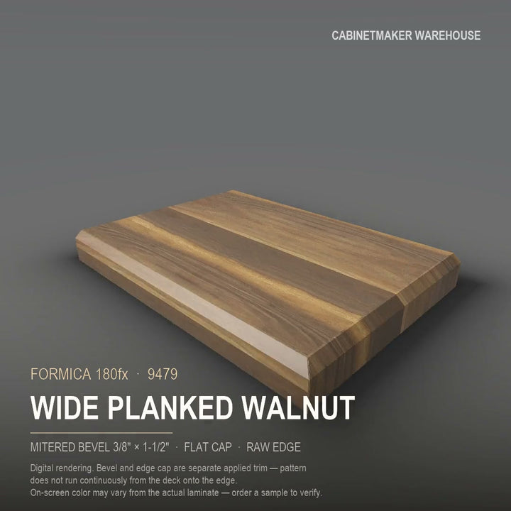 Formica Wide Planked Walnut 9479 laminate on a countertop with a mitered bevel edge