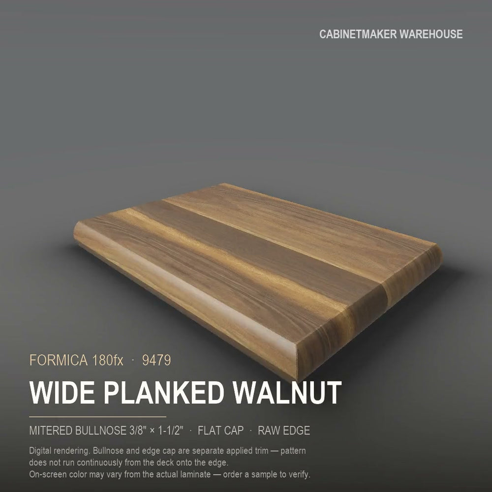 Formica Wide Planked Walnut 9479 laminate on a countertop with a mitered bullnose edge