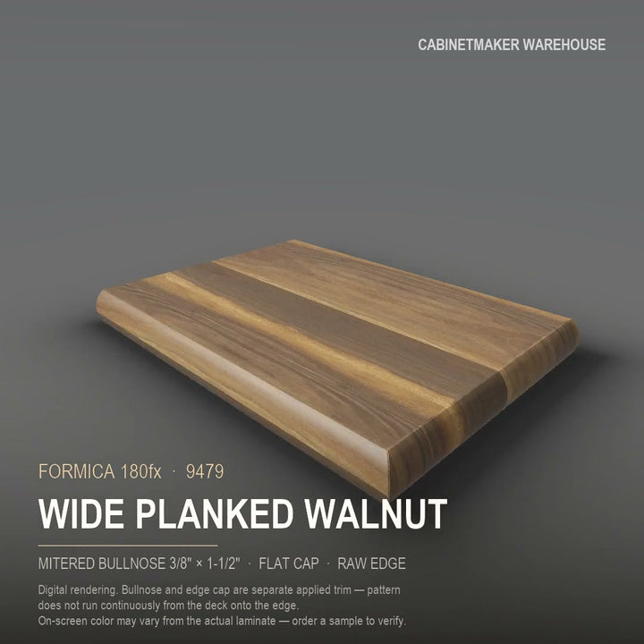 Formica Wide Planked Walnut 9479 laminate on a countertop with a mitered bullnose edge