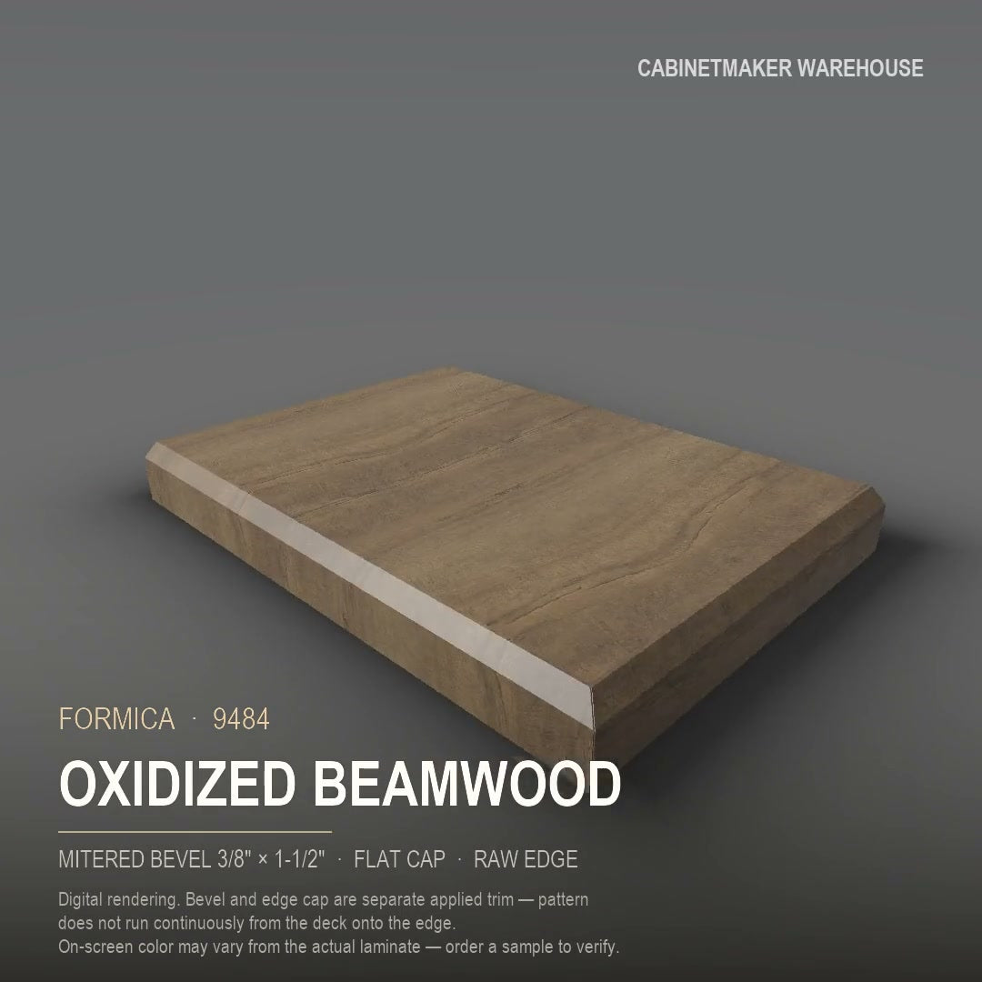 Formica Oxidized Beamwood 9484 laminate on a countertop with a mitered bevel edge