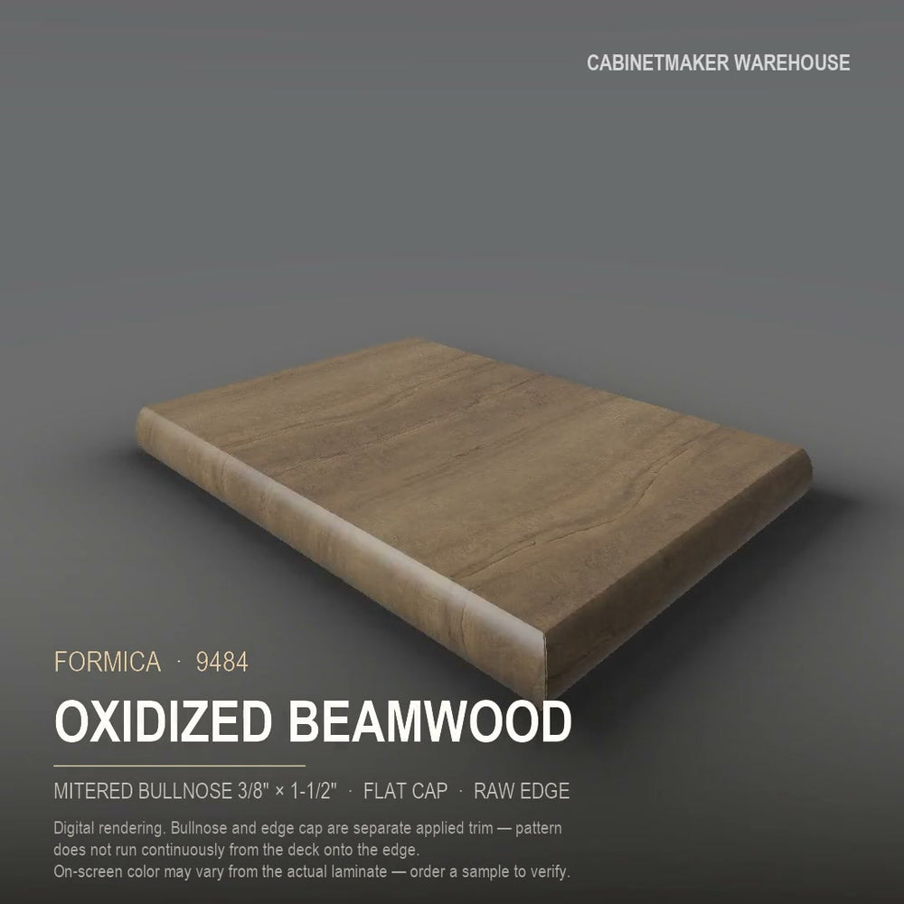 Formica Oxidized Beamwood 9484 laminate on a countertop with a mitered bullnose edge