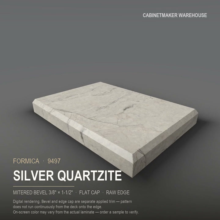 Formica Silver Quartzite 9497 laminate on a countertop with a mitered bevel edge