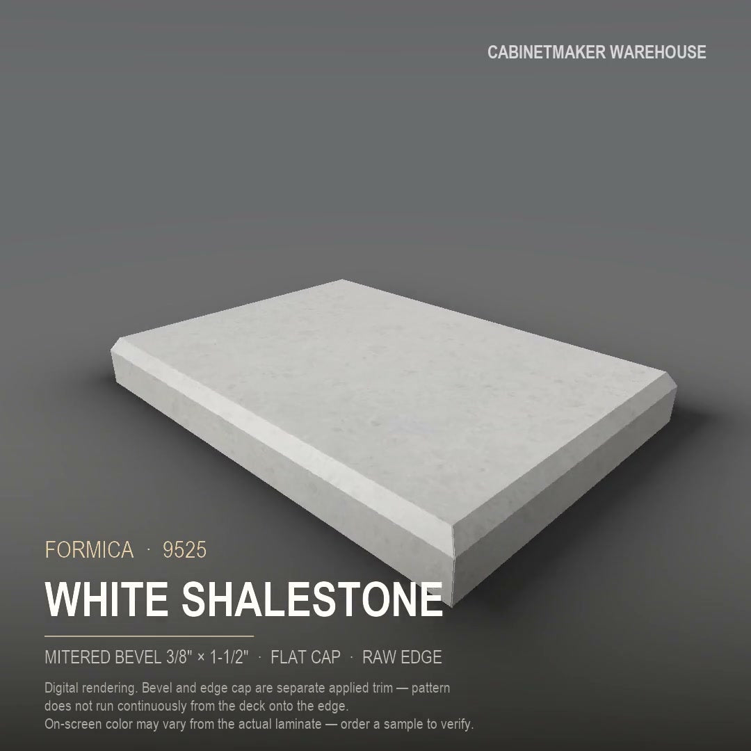 Formica White Shalestone 9525 laminate on a countertop with a mitered bevel edge