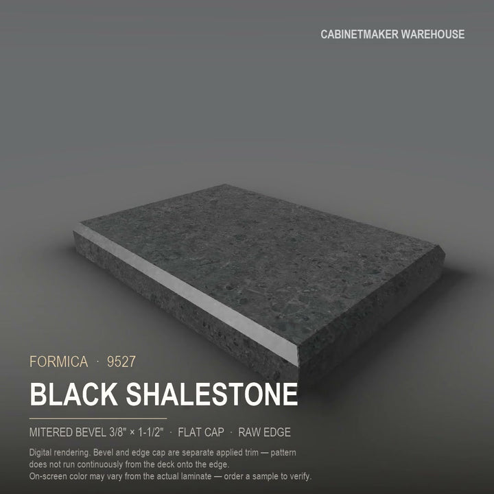 Formica Black Shalestone 9527 laminate on a countertop with a mitered bevel edge